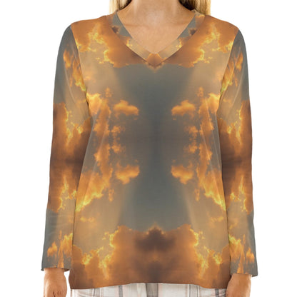 Women's Loose V-Neck T-Shirt With Long Sleeve