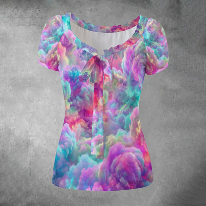 All-over print Women's Puff Sleeve Pleated Shirt