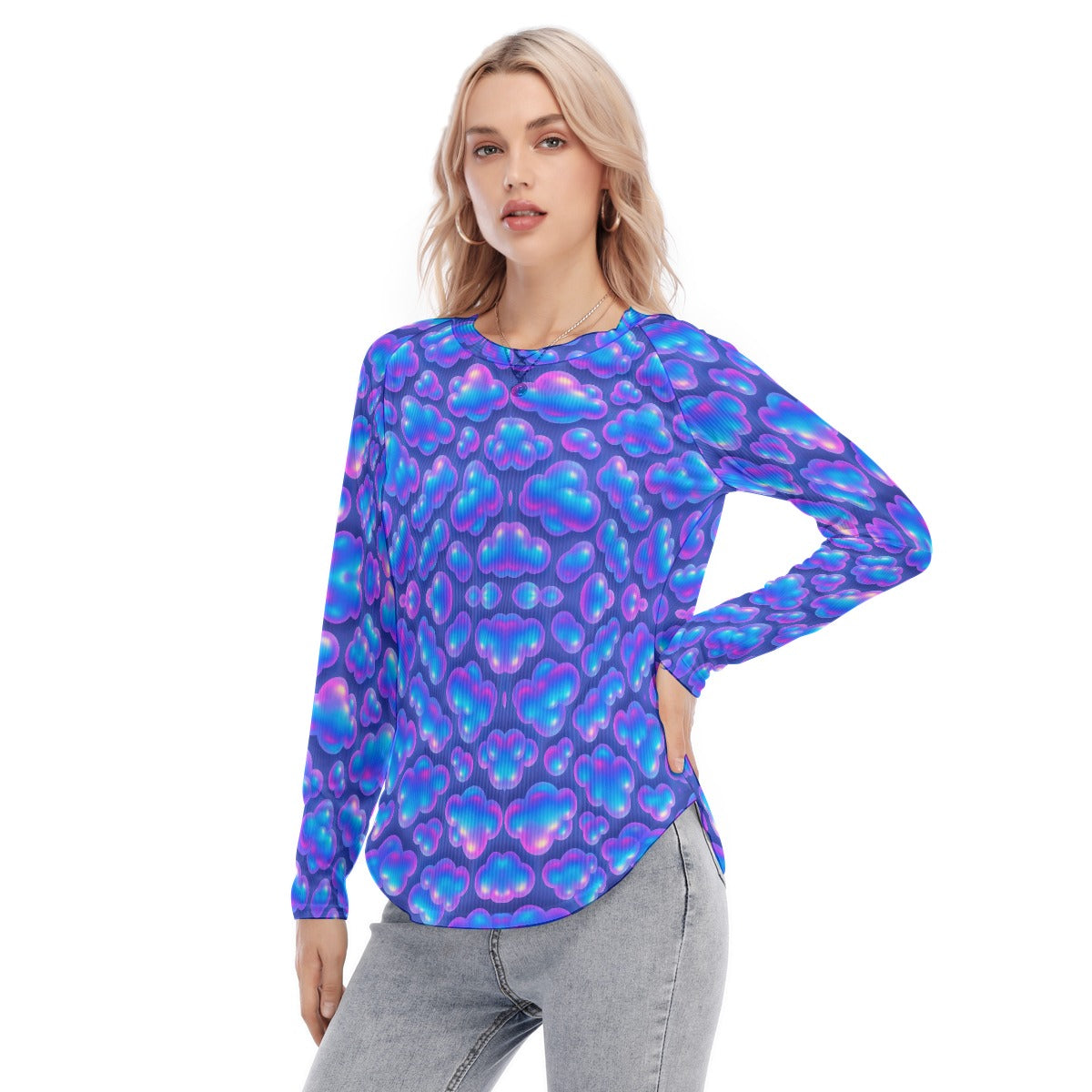Women's Raglan Sleeves U-Shaped Hem Long Sleeves Blouse