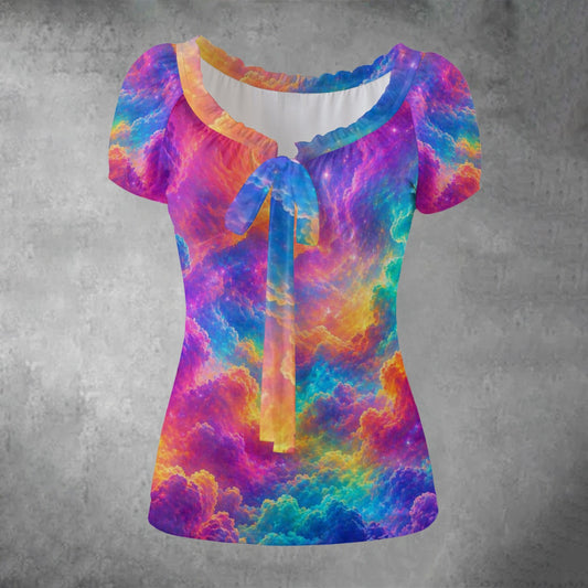 All-over print Women's Puff Sleeve Pleated Shirt