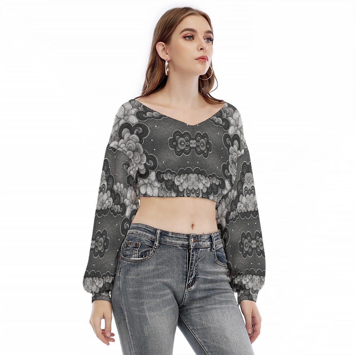 Women's V-neck Long Sleeve Cropped Sweatshirt