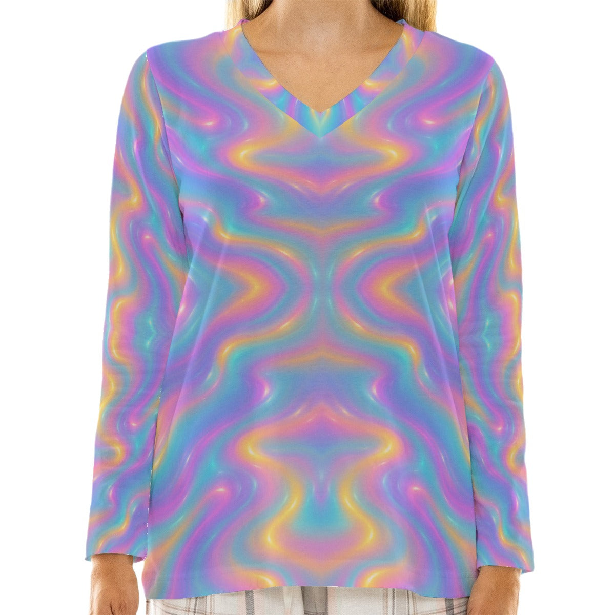 Women's Loose V-Neck T-Shirt With Long Sleeve