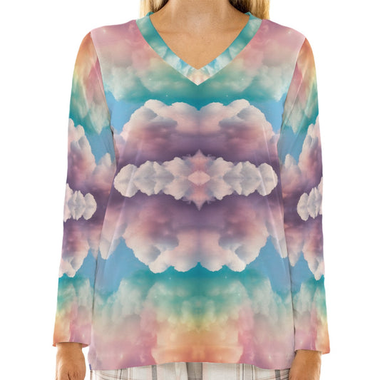 Women's Loose V-Neck T-Shirt With Long Sleeve