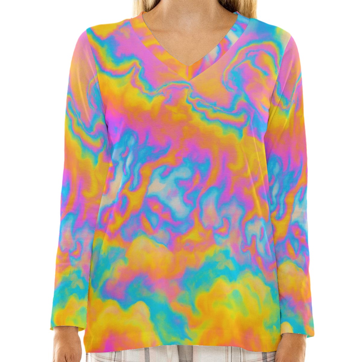 Women's Loose V-Neck T-Shirt With Long Sleeve