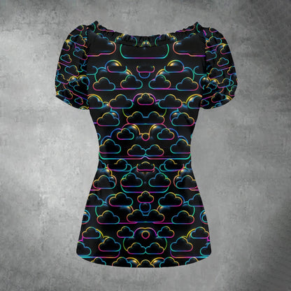 All-over print Women's Puff Sleeve Pleated Shirt