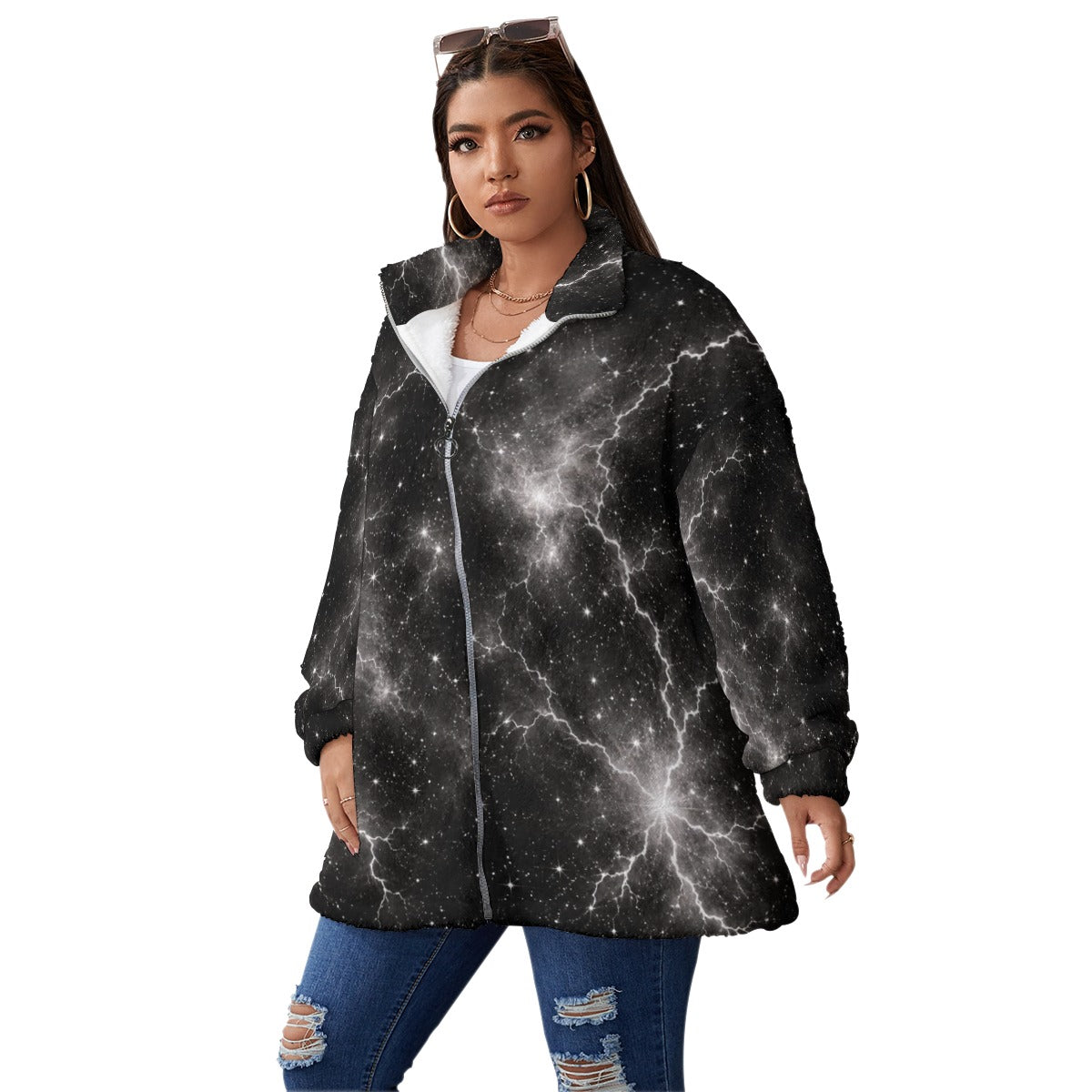 Unisex Borg-Fleece Stand-Up Collar Zip Coat — Plus Size - view 2