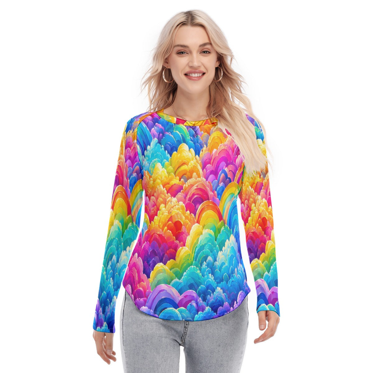 Women's Raglan Sleeves U-Shaped Hem Long Sleeves Blouse