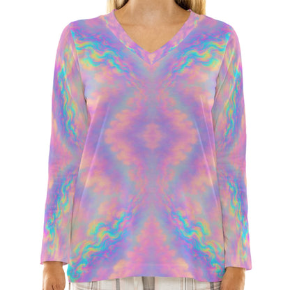 Women's Loose V-Neck T-Shirt With Long Sleeve