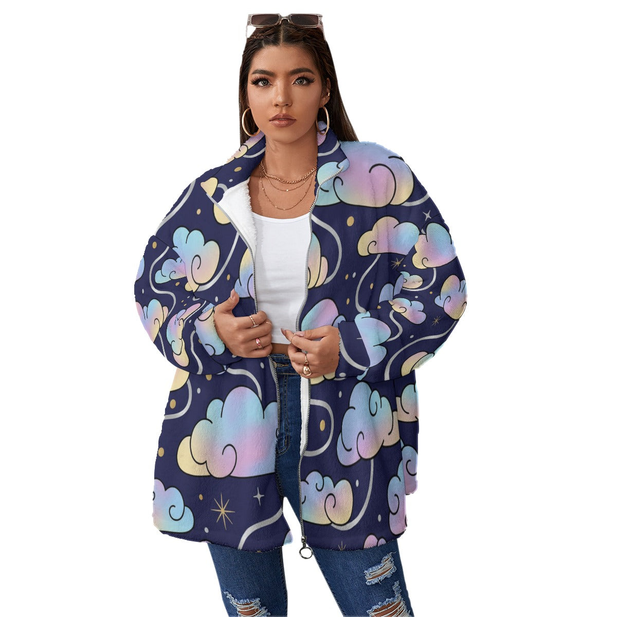 Unisex Borg Fleece Stand-up Collar Coat With Zipper Closure(Plus Size)