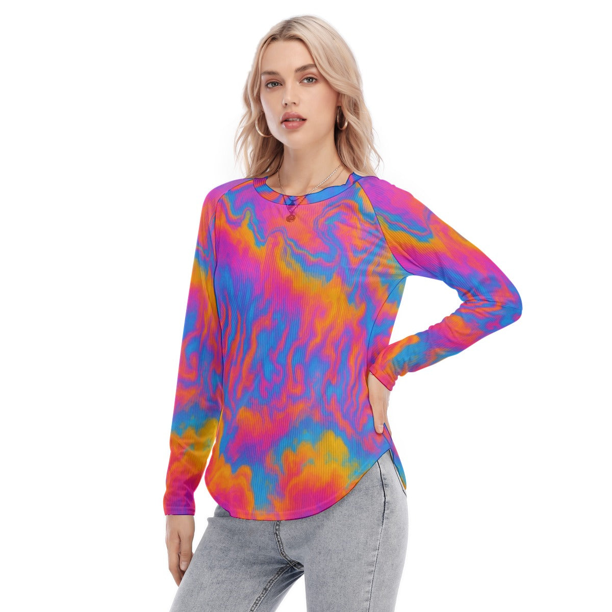 Women's Raglan Sleeves U-Shaped Hem Long Sleeves Blouse
