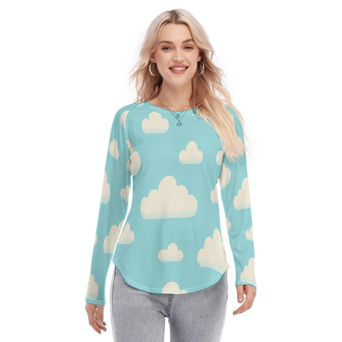 Women's Raglan Sleeves U-Shaped Hem Long Sleeves Blouse