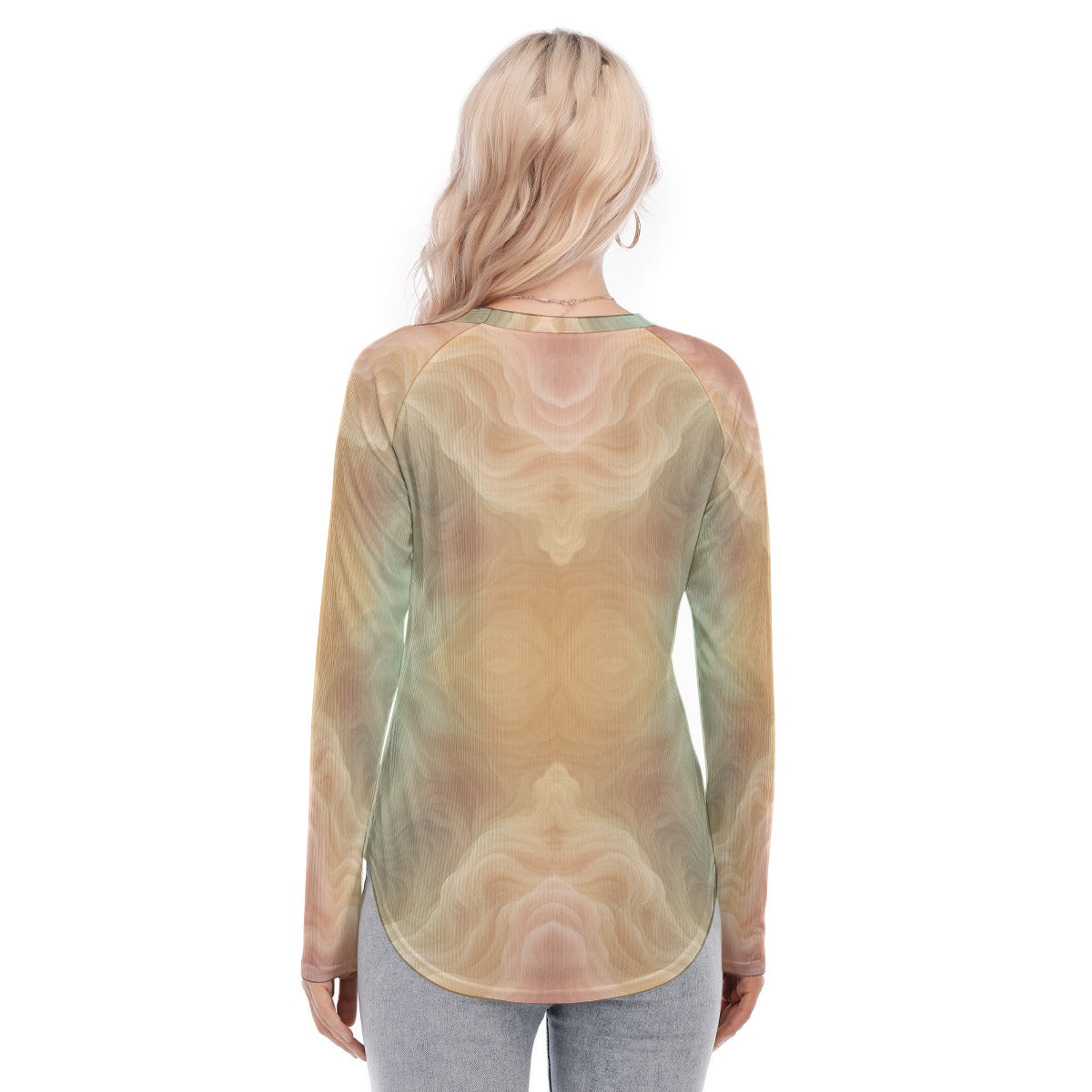 Women's Raglan Sleeves U-Shaped Hem Long Sleeves Blouse