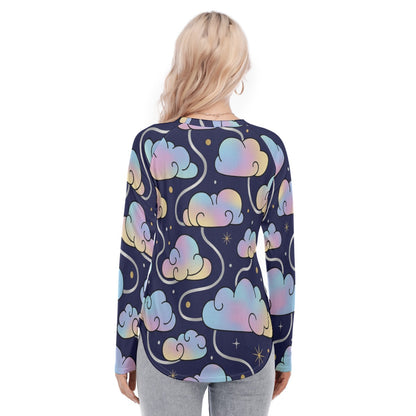 Women's Raglan Sleeves U-Shaped Hem Long Sleeves Blouse