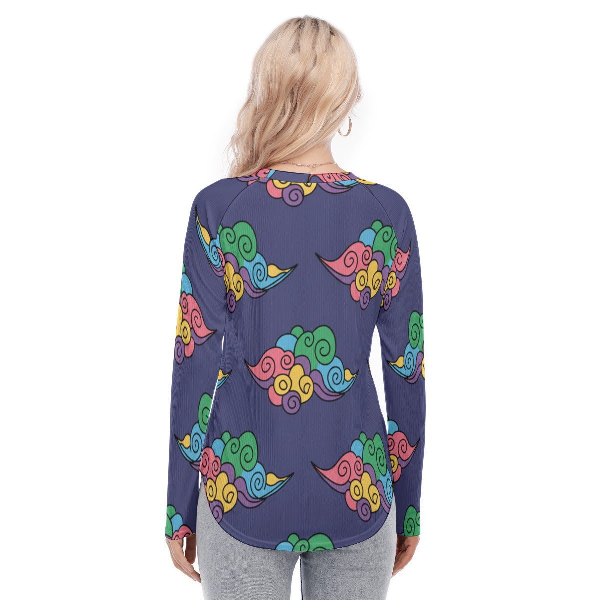 Women's Raglan Sleeves U-Shaped Hem Long Sleeves Blouse