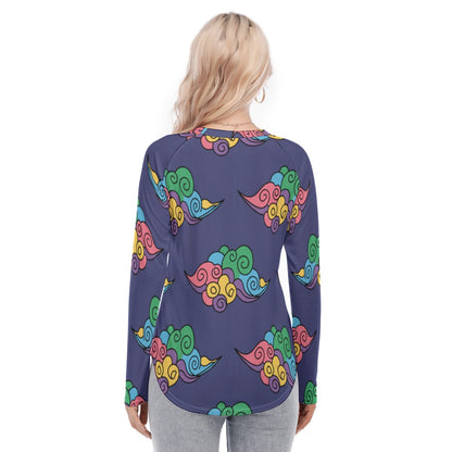 Women's Raglan Sleeves U-Shaped Hem Long Sleeves Blouse