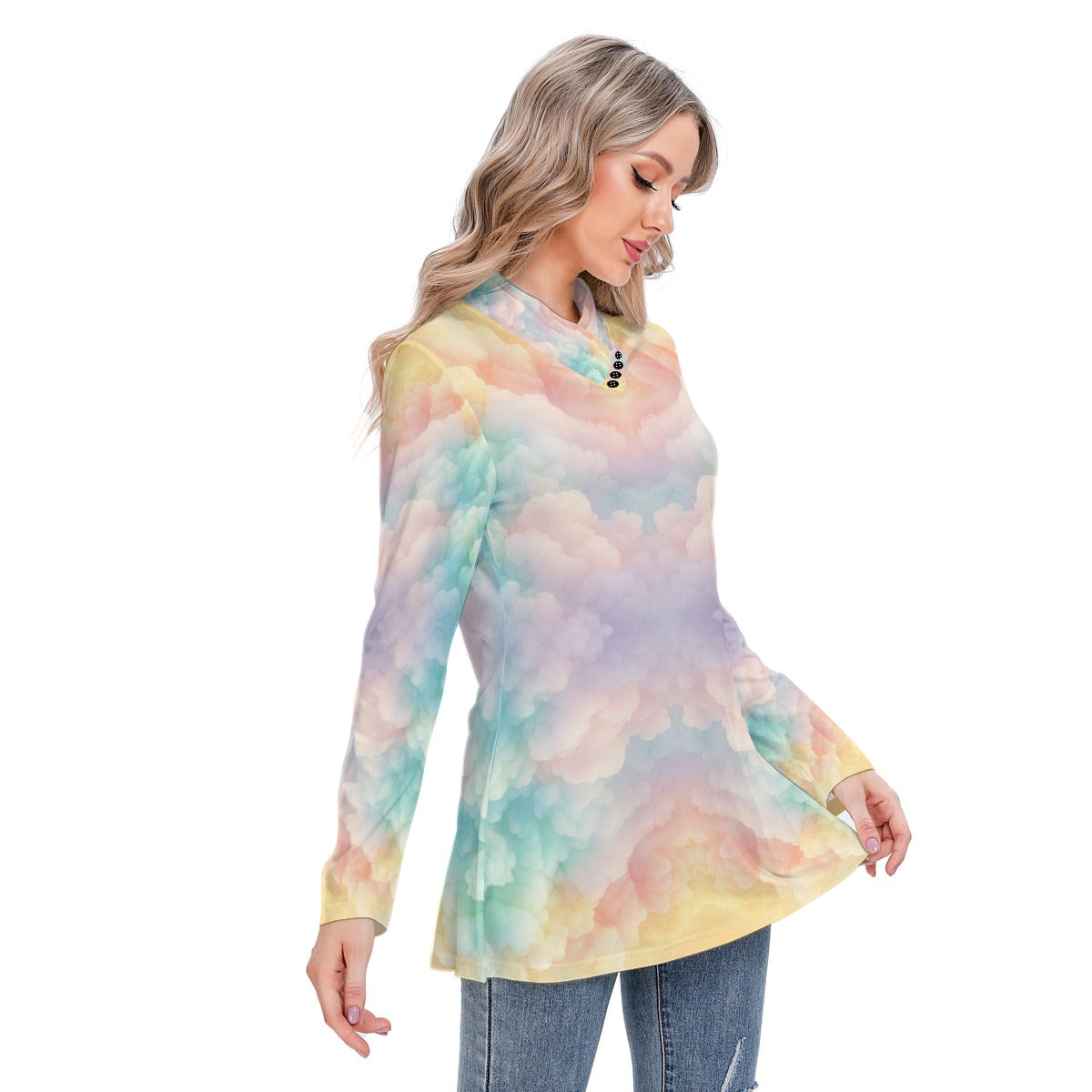 Women's Long-sleeved Heap-neck Slim Casual Tunic Blouse