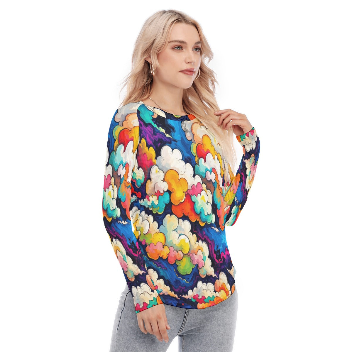 Women's Raglan Sleeves U-Shaped Hem Long Sleeves Blouse