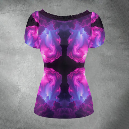 All-over print Women's Puff Sleeve Pleated Shirt