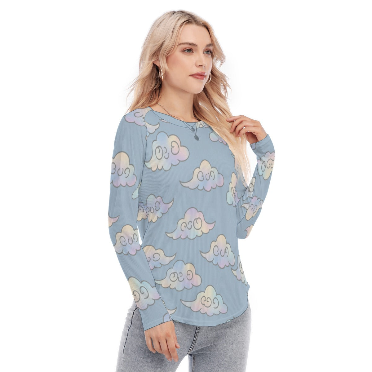 Women's Raglan Sleeves U-Shaped Hem Long Sleeves Blouse