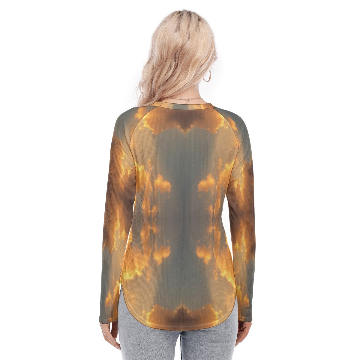 Women's Raglan Sleeves U-Shaped Hem Long Sleeves Blouse