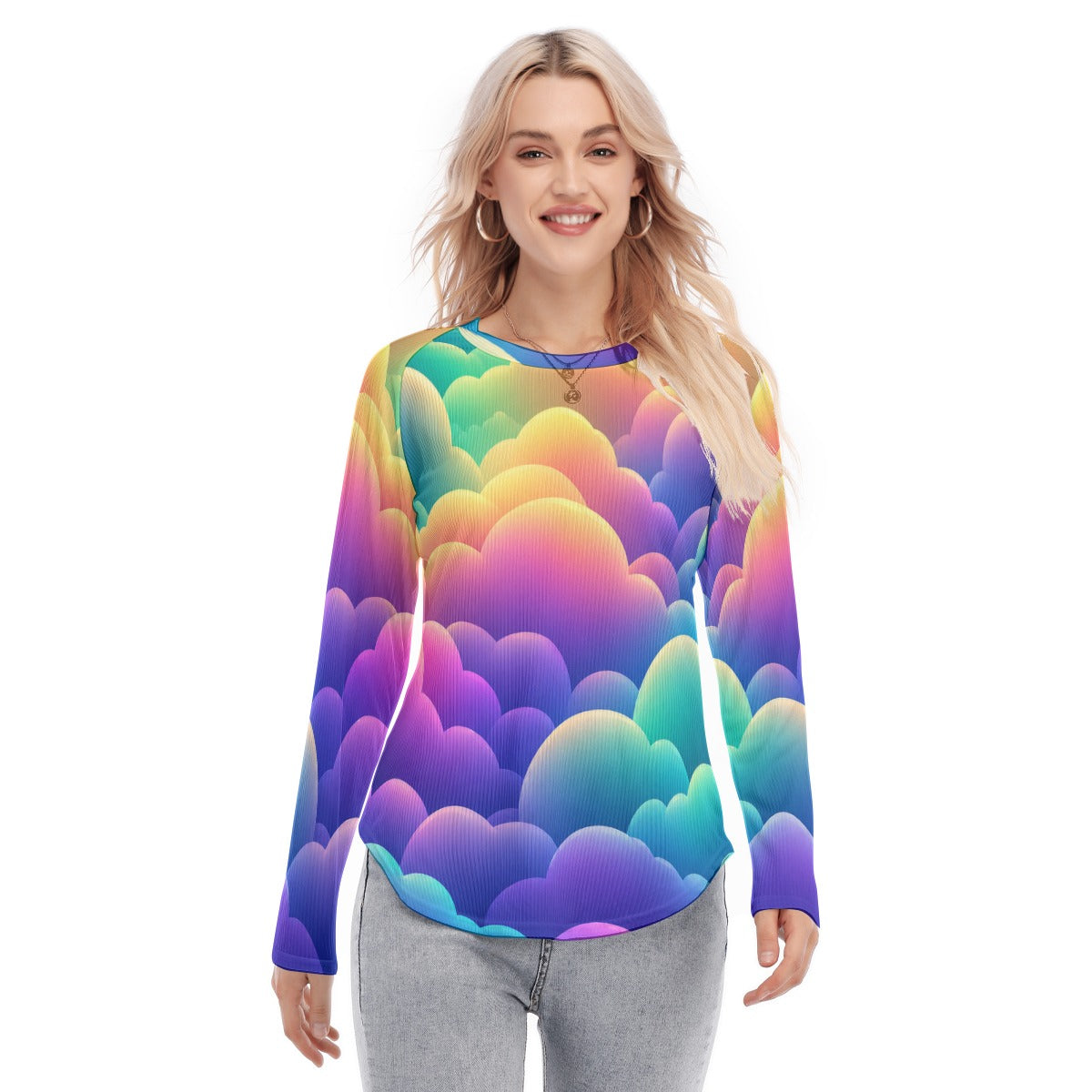 Women's Raglan Sleeves U-Shaped Hem Long Sleeves Blouse