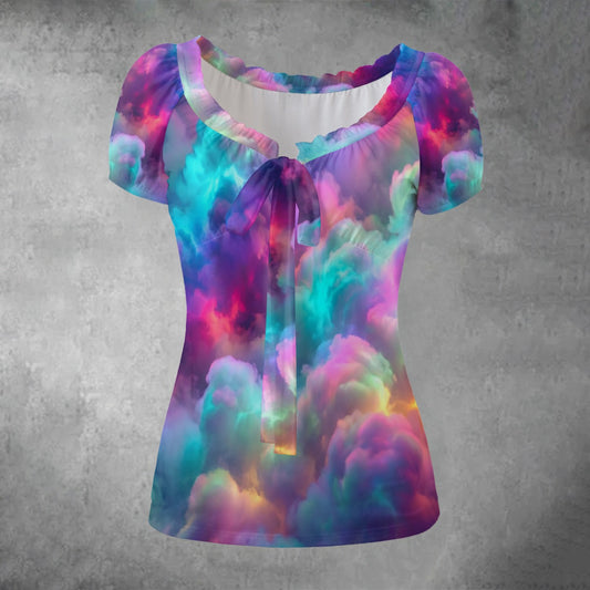 All-over print Women's Puff Sleeve Pleated Shirt