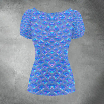 All-over print Women's Puff Sleeve Pleated Shirt
