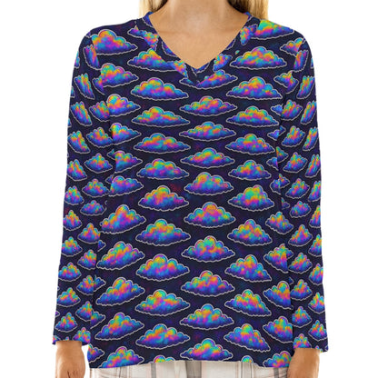 Women's Loose V-Neck T-Shirt With Long Sleeve