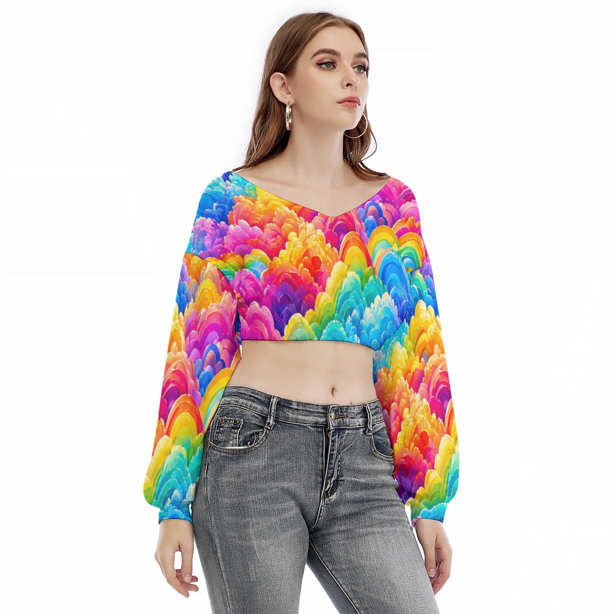 Women's V-neck Long Sleeve Cropped Sweatshirt
