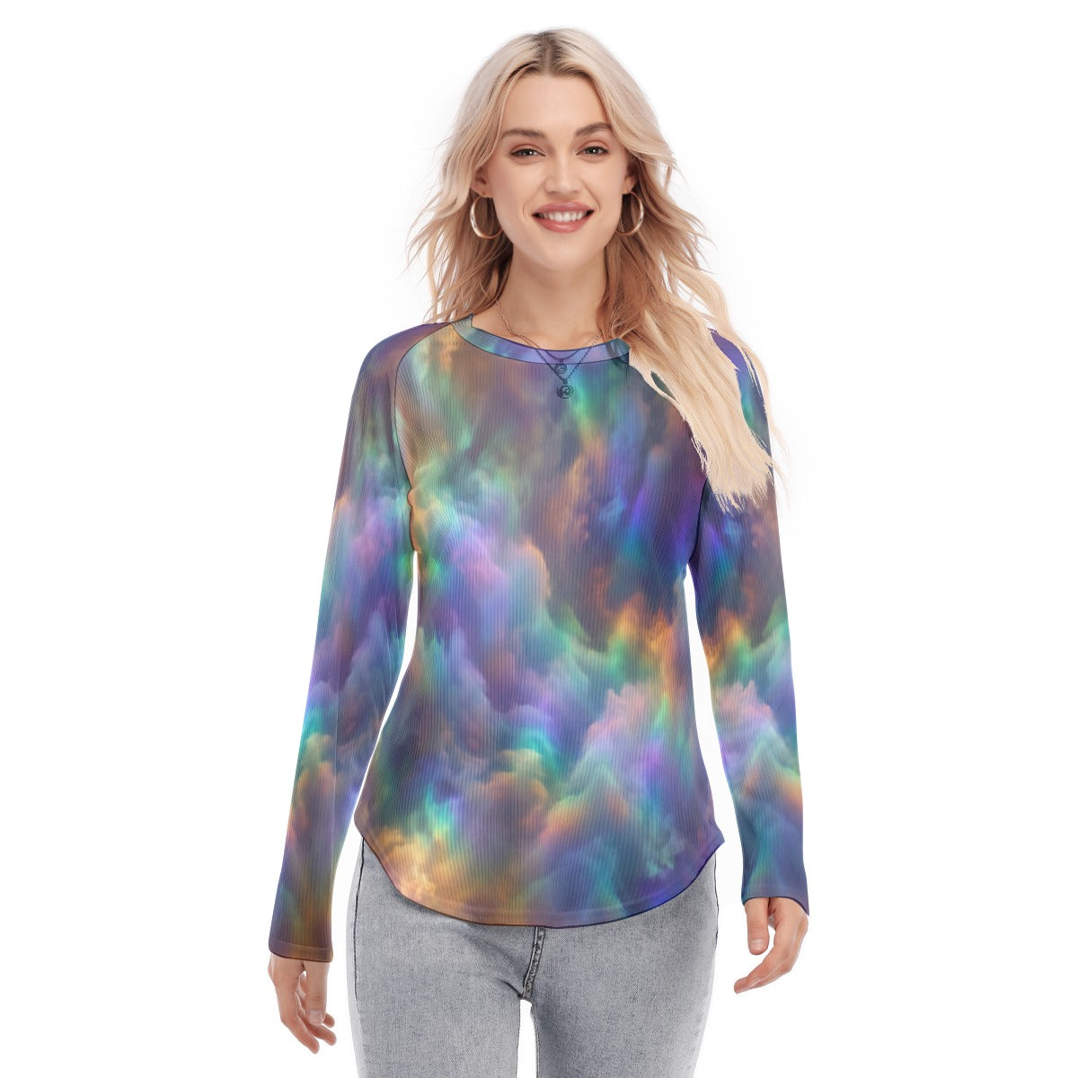 Women's Raglan Sleeves U-Shaped Hem Long Sleeves Blouse