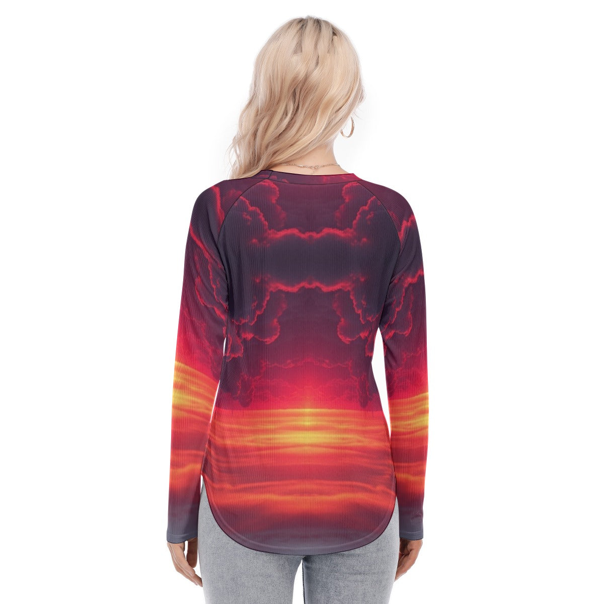 Women's Raglan Sleeves U-Shaped Hem Long Sleeves Blouse
