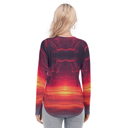 Women's Raglan Sleeves U-Shaped Hem Long Sleeves Blouse