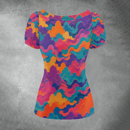 All-over print Women's Puff Sleeve Pleated Shirt