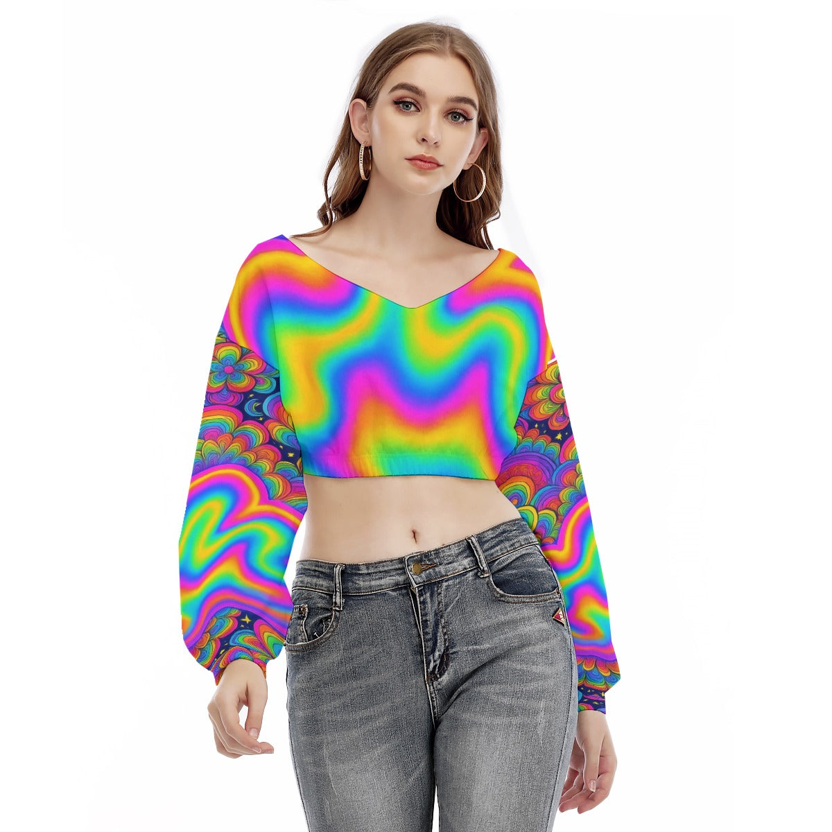 Women's V-neck Long Sleeve Cropped Sweatshirt