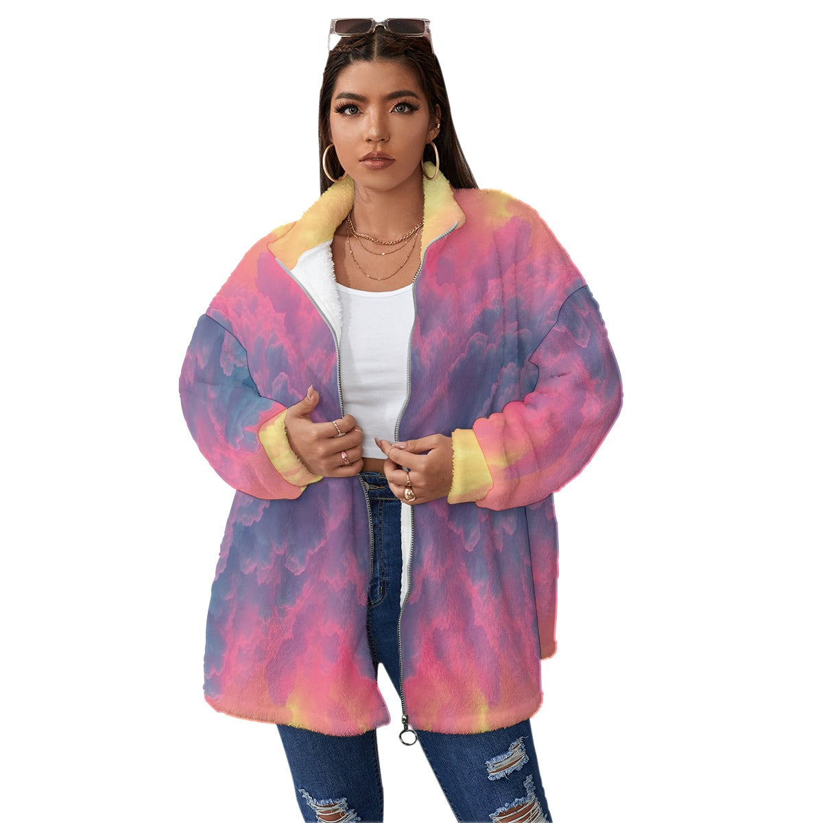 Unisex Borg Fleece Stand-up Collar Coat With Zipper Closure(Plus Size)