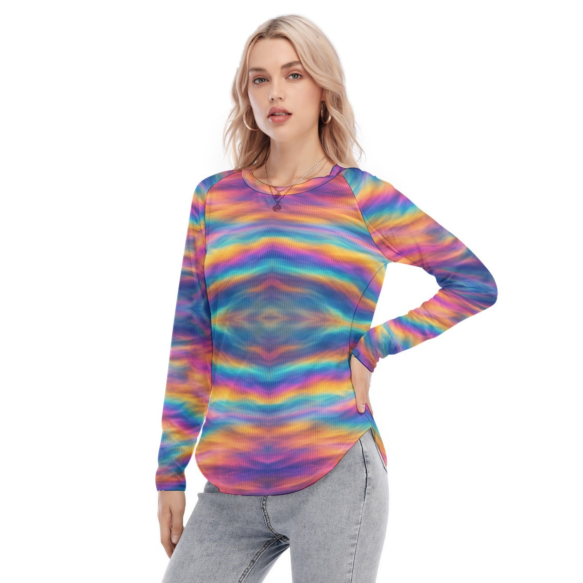 Women's Raglan Sleeves U-Shaped Hem Long Sleeves Blouse