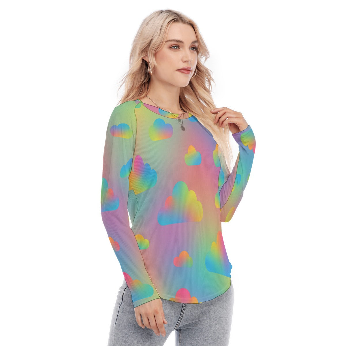 Women's Raglan Sleeves U-Shaped Hem Long Sleeves Blouse