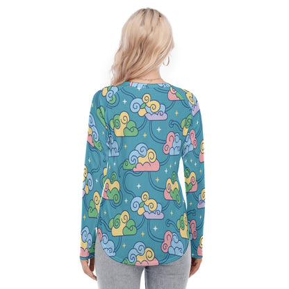 Women's Raglan Sleeves U-Shaped Hem Long Sleeves Blouse