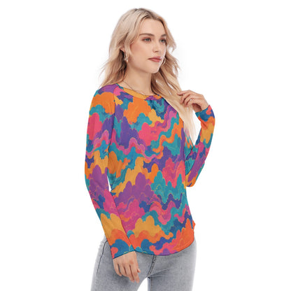 Women's Raglan Sleeves U-Shaped Hem Long Sleeves Blouse