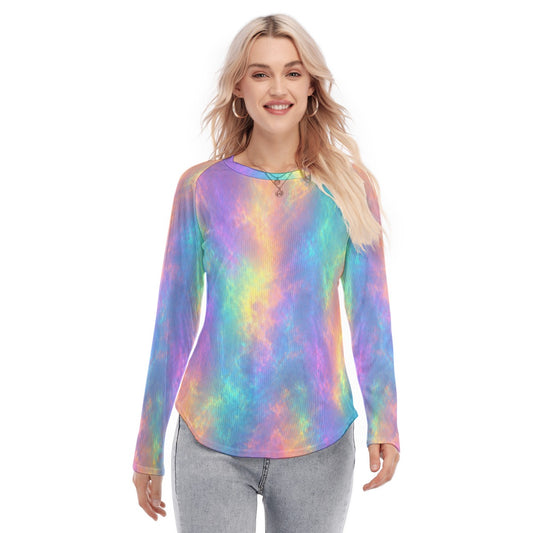 Women's Raglan Sleeves U-Shaped Hem Long Sleeves Blouse