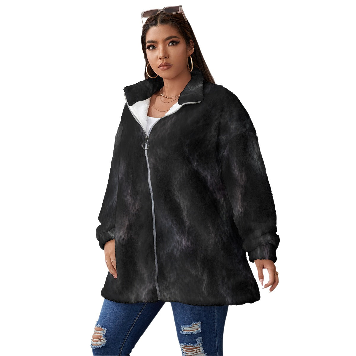 Unisex Borg Fleece Stand-up Collar Coat With Zipper Closure(Plus Size)