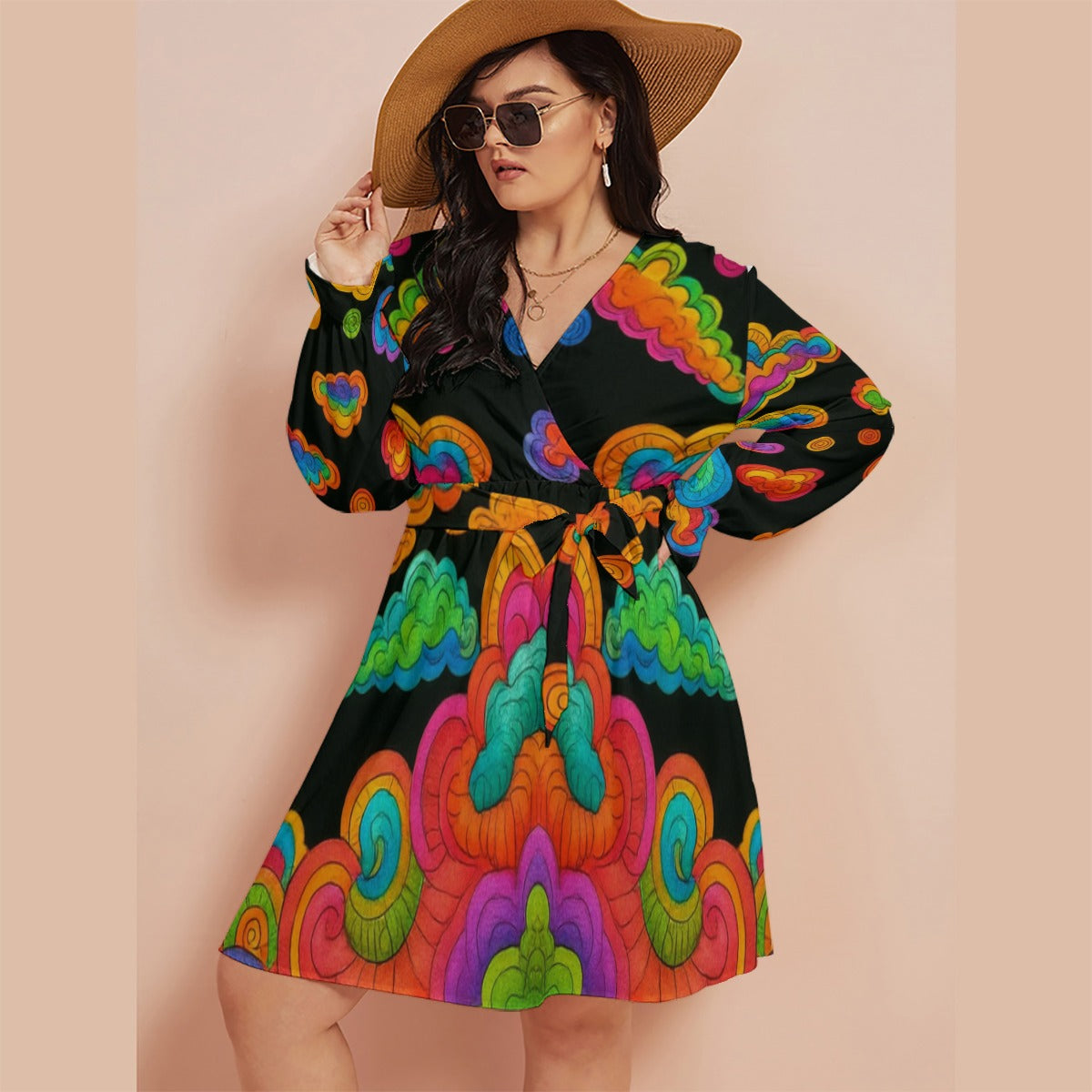 Women's V-neck Dress With Waistband(Plus Size)