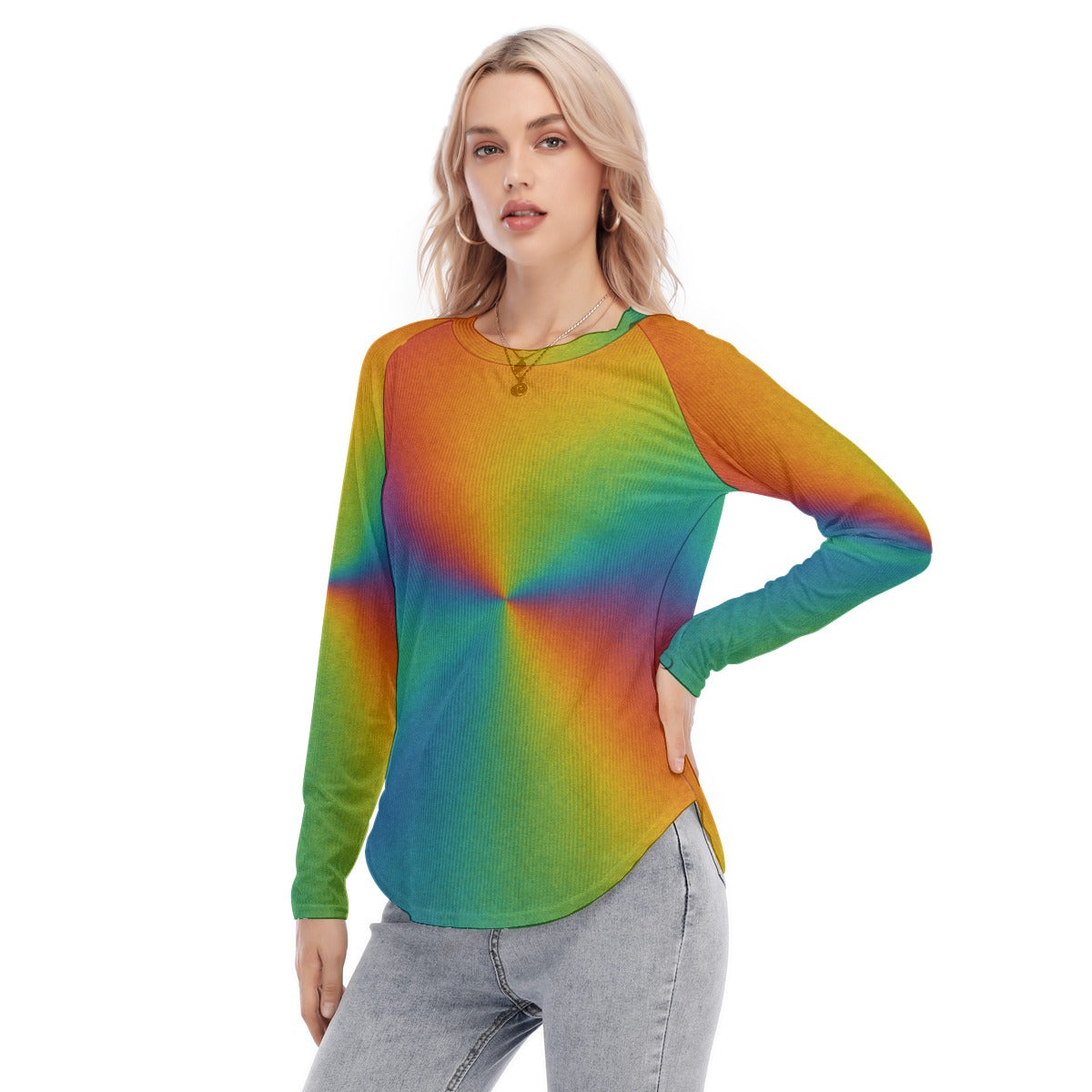 Women's Raglan Sleeves U-Shaped Hem Long Sleeves Blouse