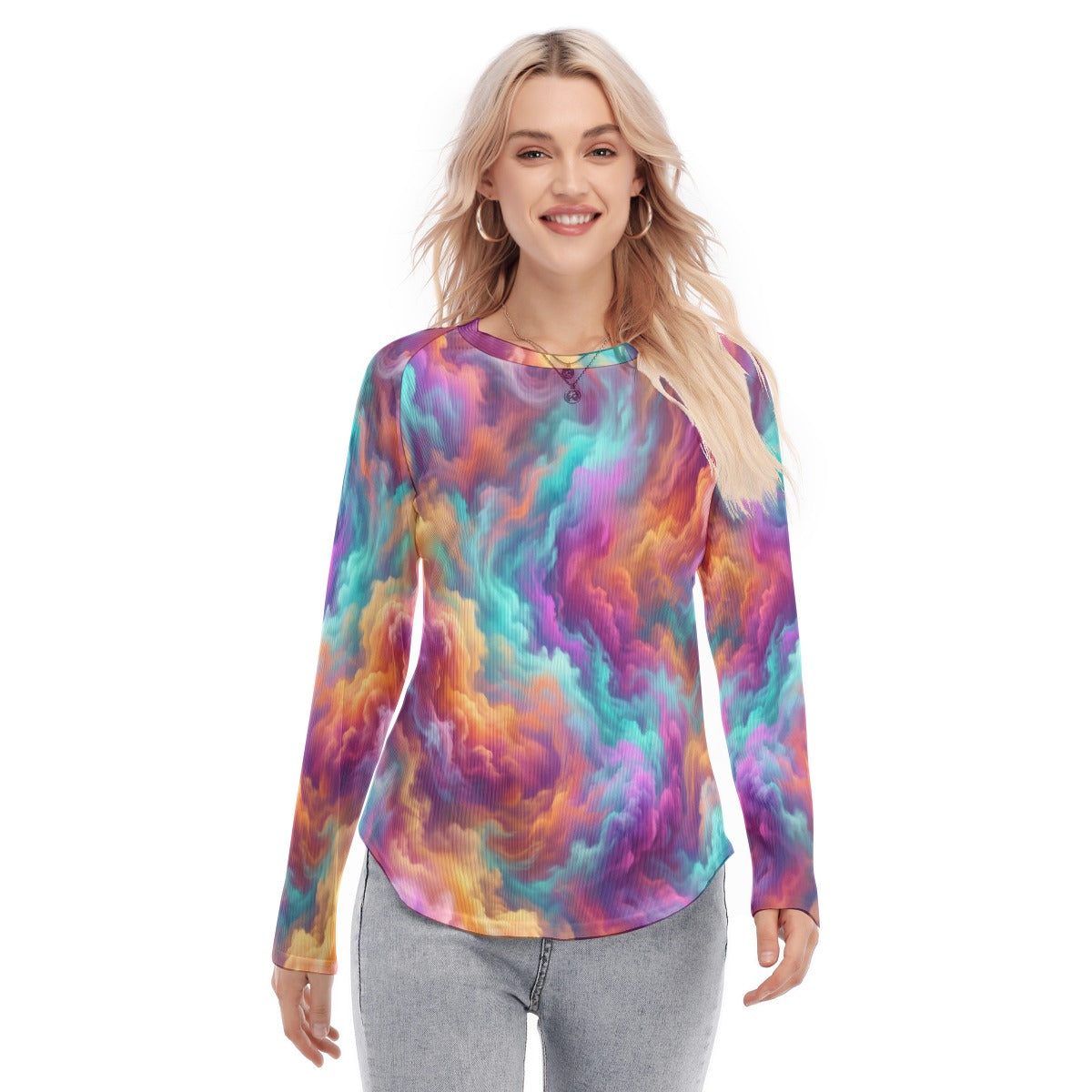 Women's Raglan Sleeves U-Shaped Hem Long Sleeves Blouse