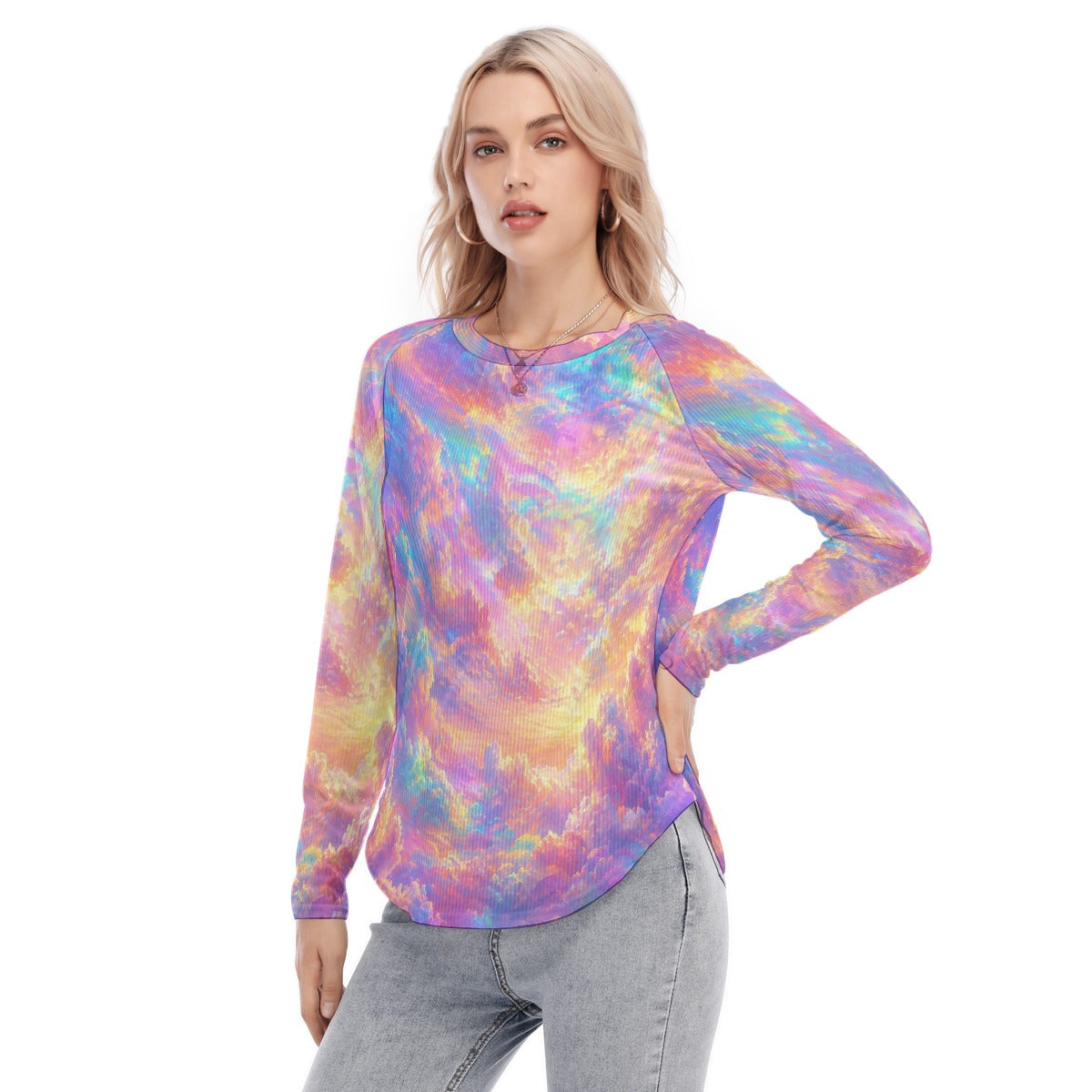 Women's Raglan Sleeves U-Shaped Hem Long Sleeves Blouse