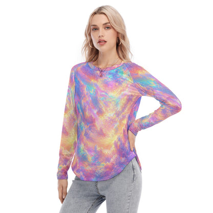Women's Raglan Sleeves U-Shaped Hem Long Sleeves Blouse