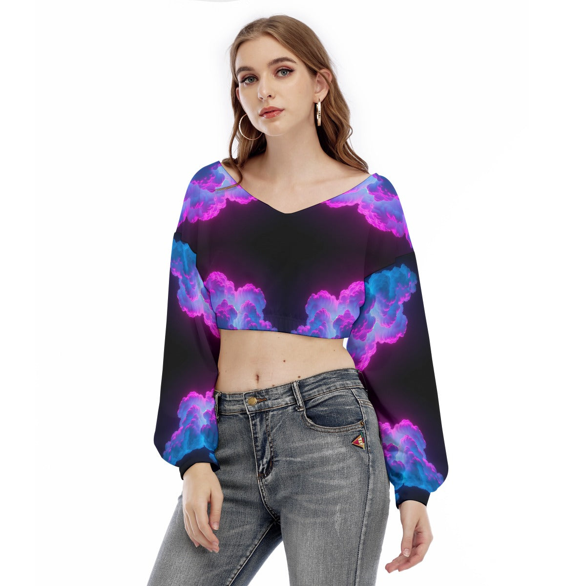 Women's V-neck Long Sleeve Cropped Sweatshirt