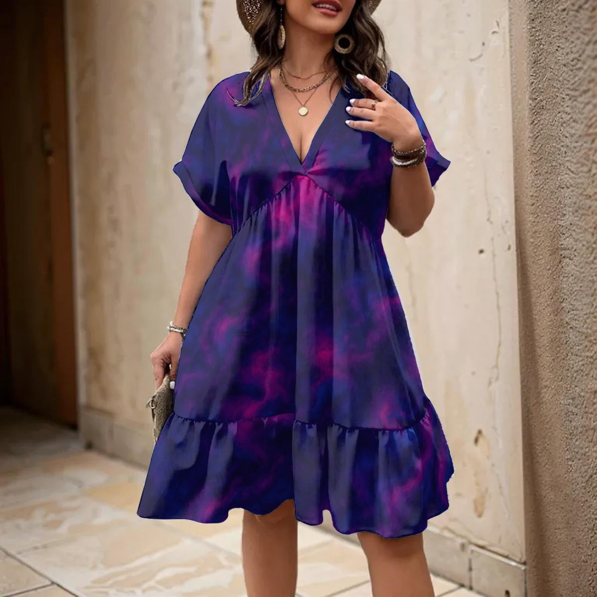 Unisex Women’s Floral V-Neck Short Sleeve Dress