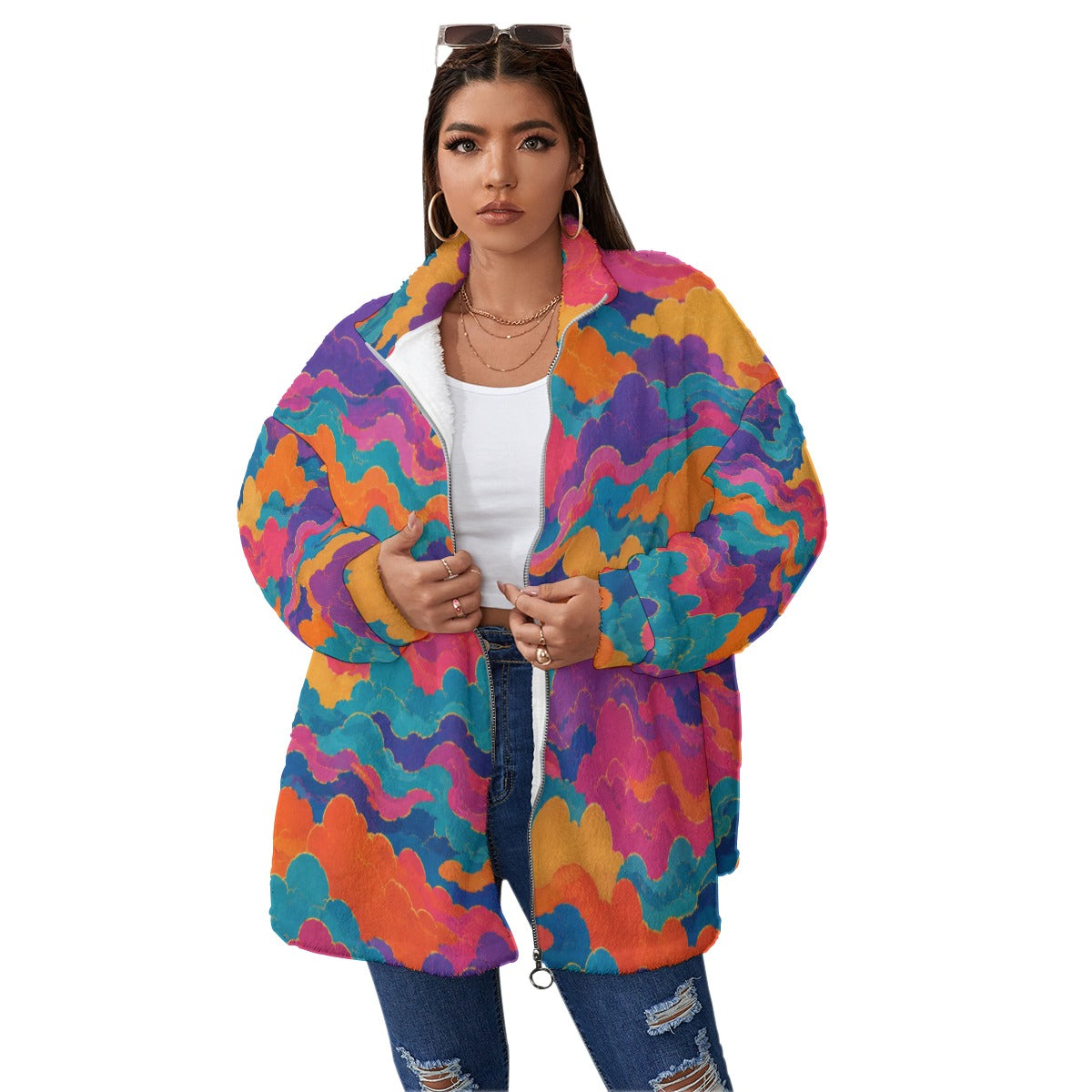 Unisex Borg Fleece Stand-up Collar Coat With Zipper Closure(Plus Size)