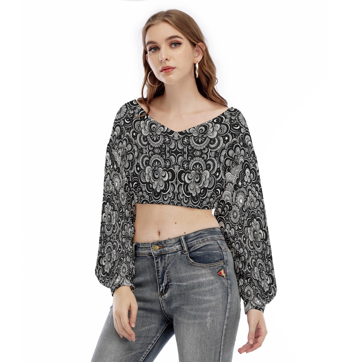 Women's V-neck Long Sleeve Cropped Sweatshirt